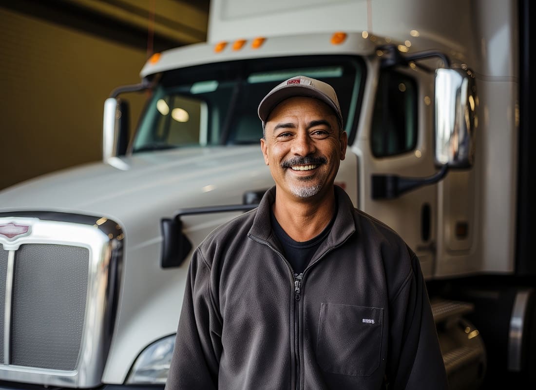 Business Insurance - Portrait of a Smiling Middle Aged Truck Driver Standing in Front of his Parked White Semi Truck